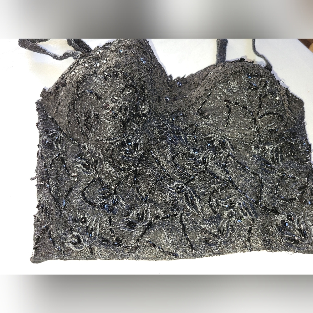 Cache Black Sparkle & Bling with  Textured Bra Top  Size Small